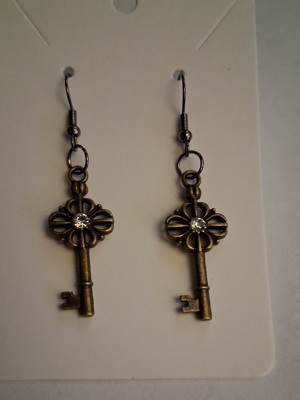 Vintage Key Dangle Earrings in Antique Bronze with Crystal Accent